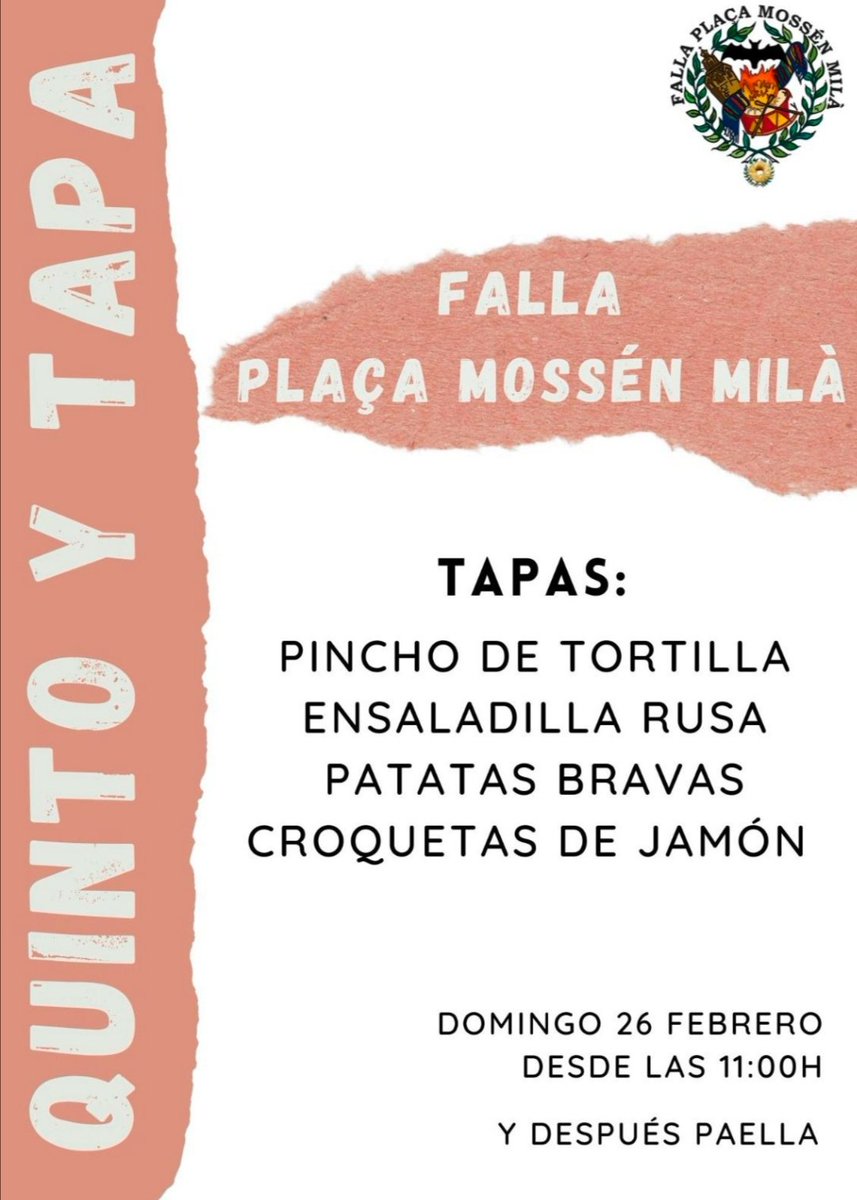 Este domingo 26 de febrero daremos inicio a las fiestas más bonitas de todo el mundo, a nuestras queridas fallas. 
Como viene siendo tradición iniciaremos el día con nuestro tradicional QUINTO Y TAPA, para el que os esperamos en la falla a partir de las 11:00h.

Os esperamos!!