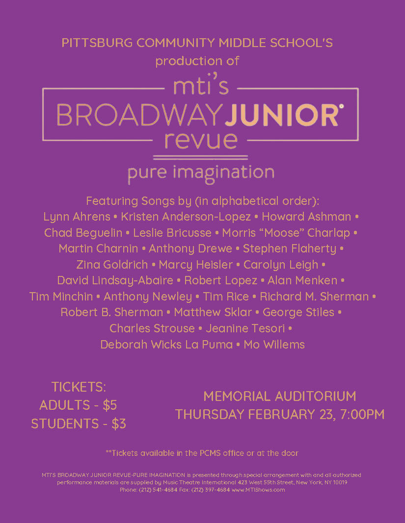 MemorialPittKS's tweet photo. PCMS Presents MTI'S Broadway Junior Revue Pure Imagination, on Thursday February 23rd at 7pm. Come join us and enjoy this wonderful production! Tickets can be purchased at the PCMS office or at the door the day of the show. https://t.co/ycZEHjZnnq