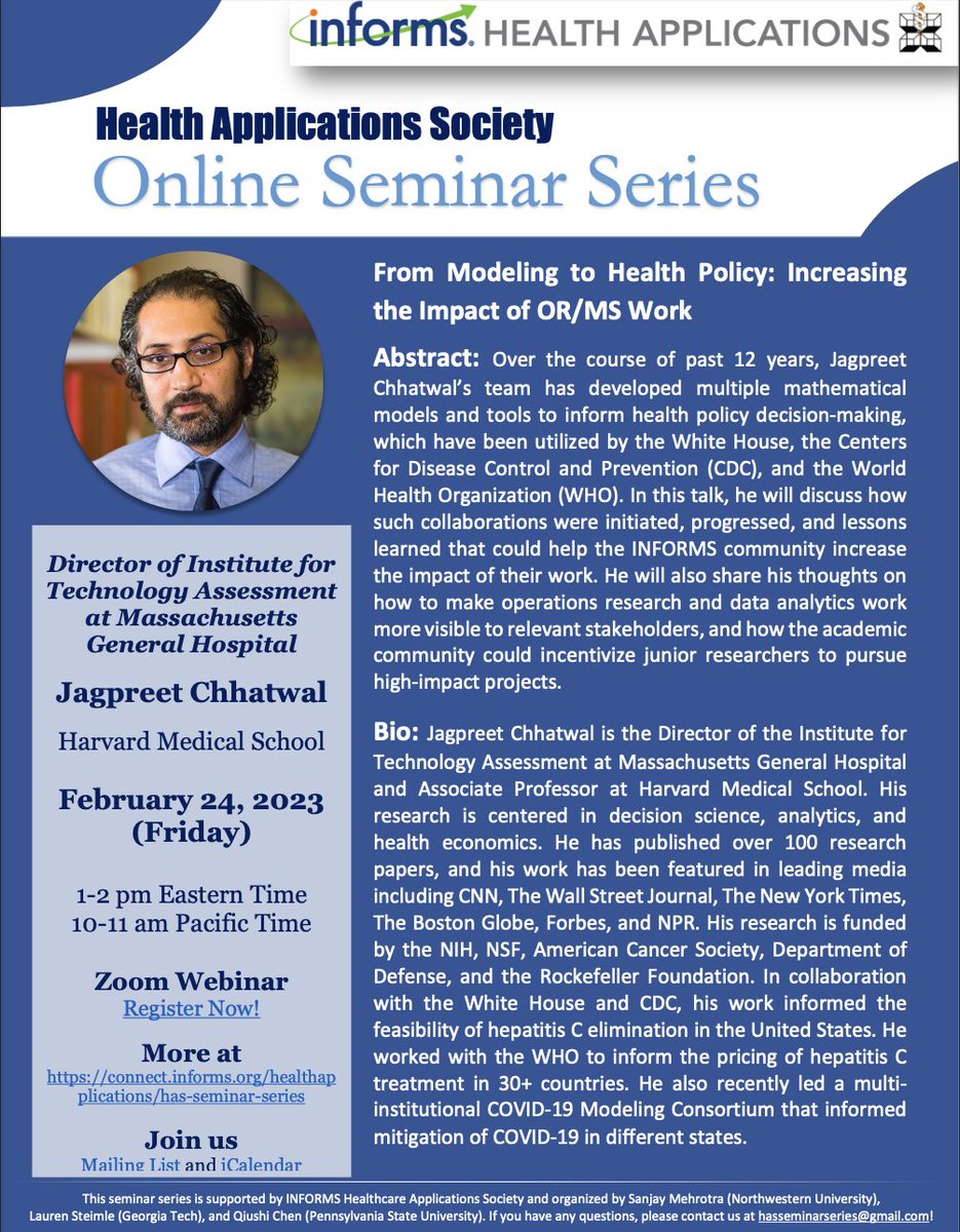 HASstudents@INFORMS (@hasstudent) on Twitter photo Join us for our next exciting talk in the HAS Online Seminar Series this Friday (1/24) at 1pm ET / 10am PT by Dr. Jagpreet Chhatwal <a href="/JagChhatwal/">Jag Chhatwal</a>
#HAS #healthpolicy #orms Register here: us06web.zoom.us/webinar/regist… Join us for our next exciting talk in the HAS Online Seminar Series this Friday (1/24) at 1pm ET / 10am PT by Dr. Jagpreet Chhatwal <a href="/JagChhatwal/">Jag Chhatwal</a>
#HAS #healthpolicy #orms Register here: us06web.zoom.us/webinar/regist…