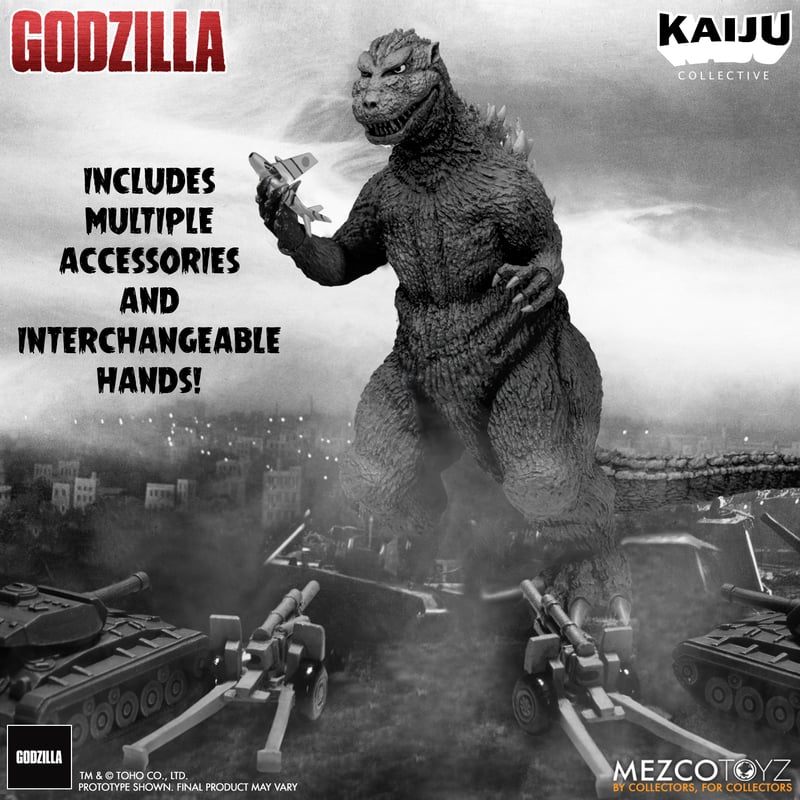 KaijuNewsOutlet's tweet photo. The new @mezcotoyz Kaiju Collective Godzilla (1954) - Black &amp; White Edition figure has been revealed. The 8" tall figure includes numerous accessories and will be released in October - December for $140. https://t.co/FOQUzXqp1s