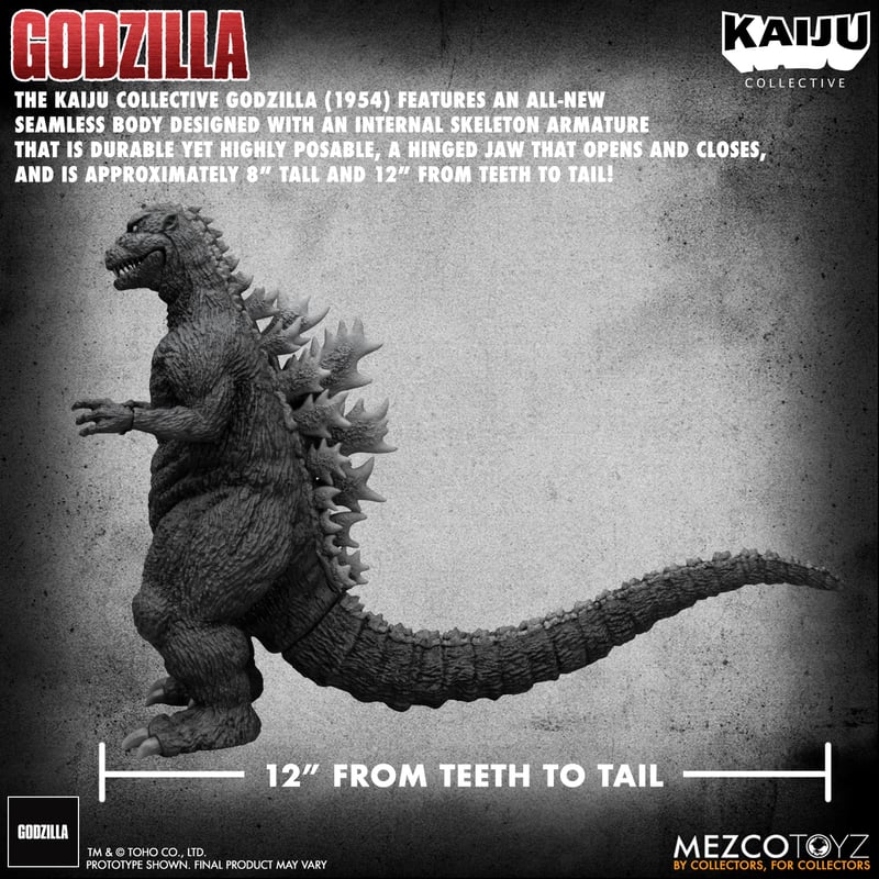 KaijuNewsOutlet's tweet photo. The new @mezcotoyz Kaiju Collective Godzilla (1954) - Black &amp; White Edition figure has been revealed. The 8" tall figure includes numerous accessories and will be released in October - December for $140. https://t.co/FOQUzXqp1s