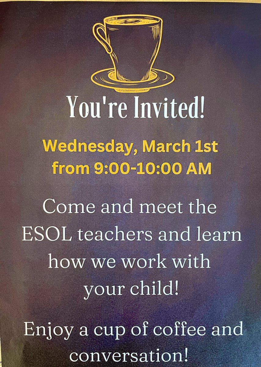 tashaclimo_'s tweet photo. The ESOL team @centreridgees is hosting a parent coffee for our English Learners’ parent/s! Come and see how we instruct English Language Development and meet us! We cannot wait! #learningtogether #teachus #ellfamilies https://t.co/Fthu7qSRLe