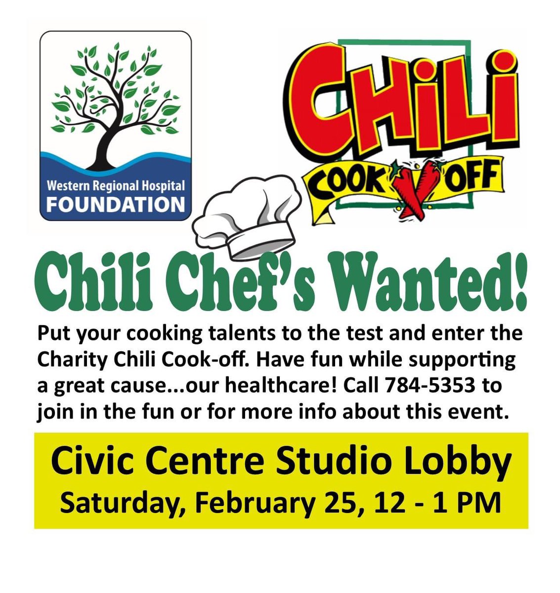 WRHFoundation's tweet image. There’s still room for a couple of chefs to join our awesome roster THIS Saturday! Join us from 12-1 at the Civic Centre Studio Lobby to see who will be the 2023 Chili King! 🌶️ 👑