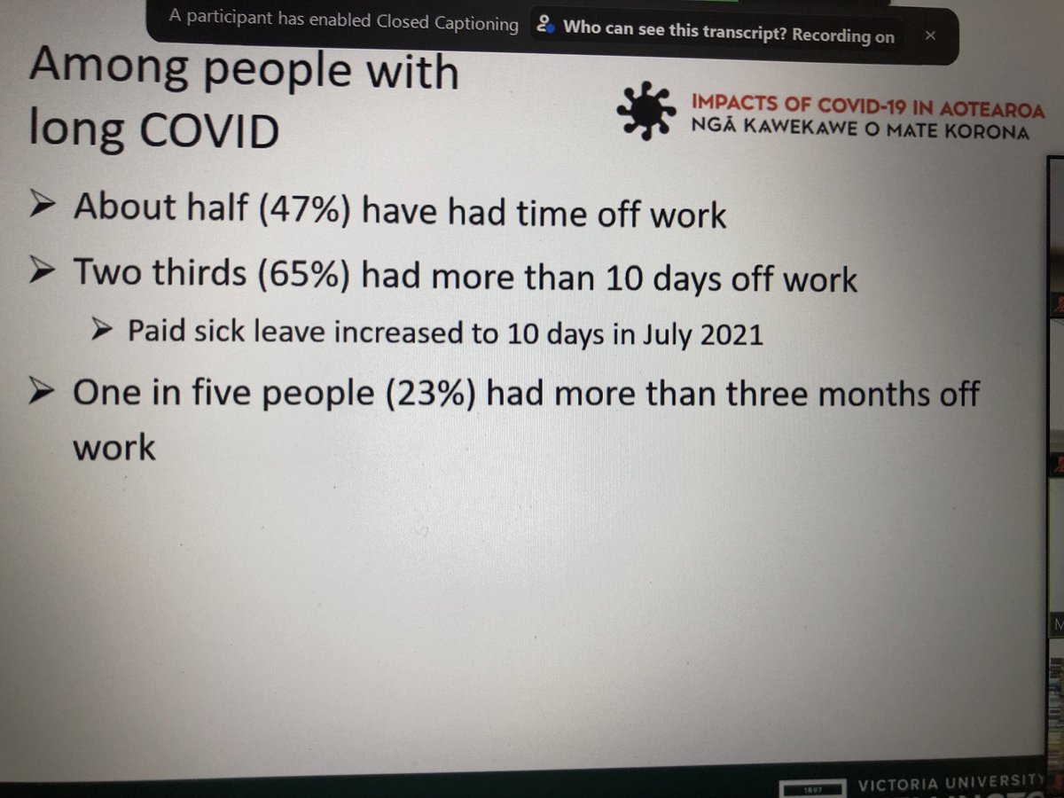 Sobering data on the impact of #LongCovid in Aotearoa New Zealand from <a href="/mona_jeffreys/">Mona Jeffreys</a> at the #CovidAndWork2023 symposium