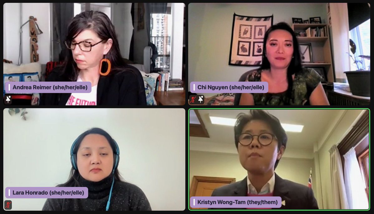 voice4housing's tweet photo. What a POWERFUL hour! Thank you, @kristynwongtam, @LaraHonrado, @RunChiNguyenRun, and @andreareimer. #shetheyus #makingroominhousing #makingroom #housingforall #womenshousing #housing #affordablehousing #housingcrisis #cdnpoli #cmhc https://t.co/Jpfb2L3eN6