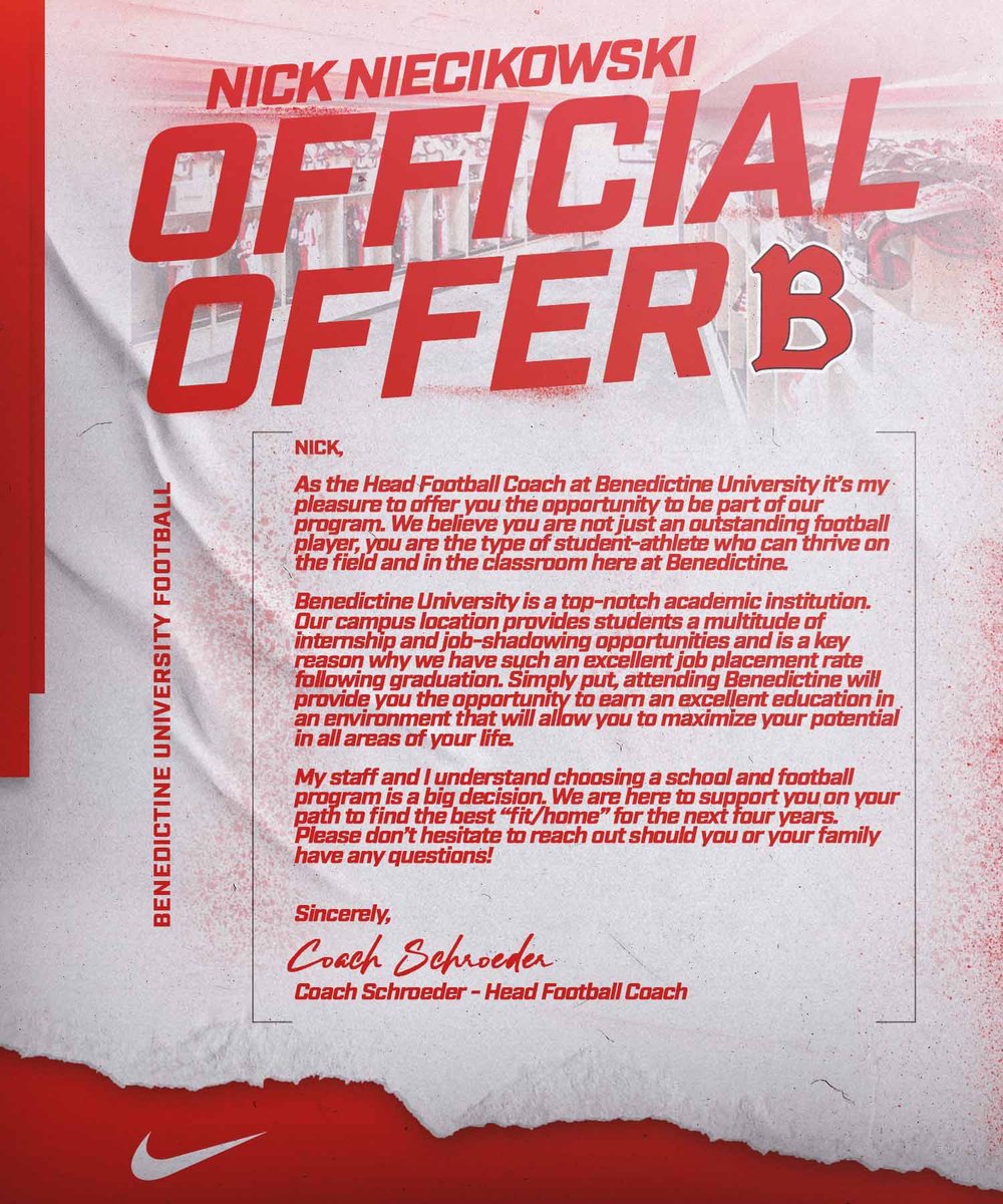 Blessed to announce that I have received an offer to continue my student athlete career <a href="/BenUFootball/">Benedictine Football</a> after talking with <a href="/Coach_Schroeder/">Jim Schroeder</a>!