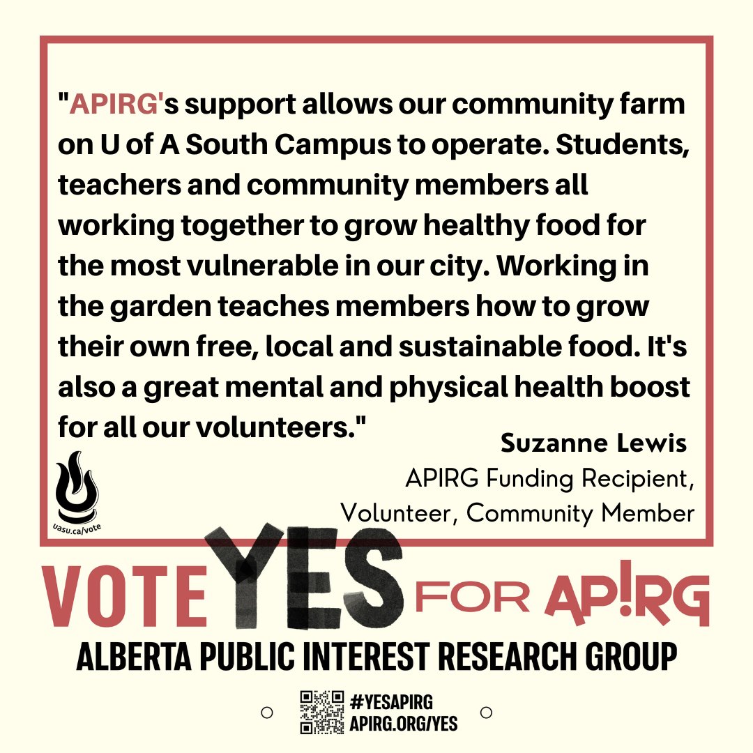 apirg's tweet photo. "APIRG's support allows our community farm on U of A South Campus to operate. Students, teachers and community members all working together to grow healthy food for the most vulnerable in our city." - Suzanne Lewis of Edmonton Organic Growers Guild #YesAPIRG https://t.co/XB0URJb42X