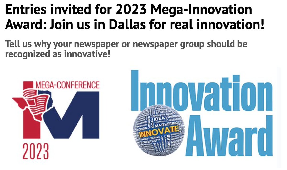 News/Media Alliance (@newsalliance) on Twitter photo Reminder! The News/Media Alliance & <a href="/newspapersorg/">America's Newspapers</a> want to spotlight the best examples of #innovation among newspapers at this year's
<a href="/megaconference/">2024 News Industry Mega-Conference</a>. All newspaper members are encouraged to submit their best examples of innovation by THIS Friday, 2/24! mega-conference.com/innovation/ Reminder! The News/Media Alliance & <a href="/newspapersorg/">America's Newspapers</a> want to spotlight the best examples of #innovation among newspapers at this year's
<a href="/megaconference/">2024 News Industry Mega-Conference</a>. All newspaper members are encouraged to submit their best examples of innovation by THIS Friday, 2/24! mega-conference.com/innovation/