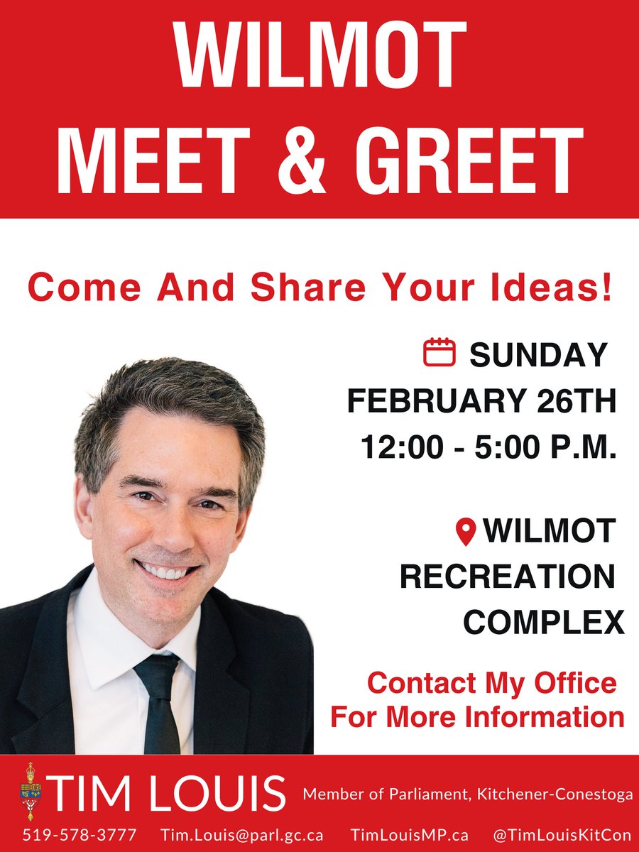 To be more accessible, I am coming to you! 

Join me on Sunday, February 26th, from 12:00 - 5:00 p.m. at the Wilmot Recreation Complex (1291 Nafziger Road, Baden). Your voice matters - come and share your ideas! 

<a href="/WilmotTownship/">Wilmot Township</a>