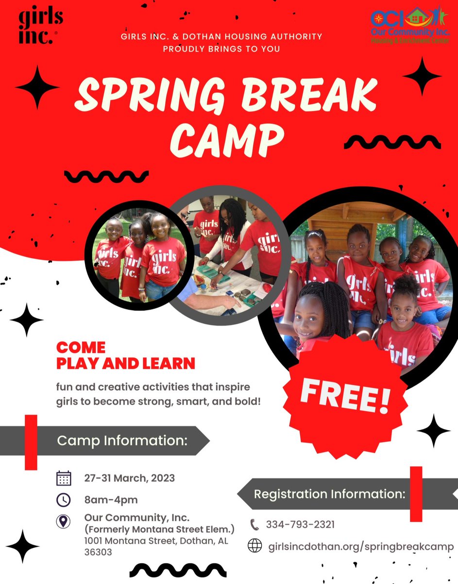 SPRING BREAK CAMP: Dothan Housing is proud to partner with Girls Inc. and offer a Spring Break Camp for girls ages 5 to 10!  Registration is open! Please visit ow.ly/VLRu50MMwjB! #YouAreOurWhy #SpringBreakCamp #CommunityPartnership #GirlsInc #ThisIsDH