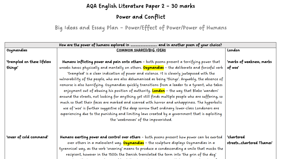 Power and Conflict
'How are the power of humans...?'
3 alternative essay plans for this question, using a range of poems. Each plan includes: quotations, suggestions, analysis and an exploration of big and/or shared ideas.
Check out the effects of war version too!
Link below: