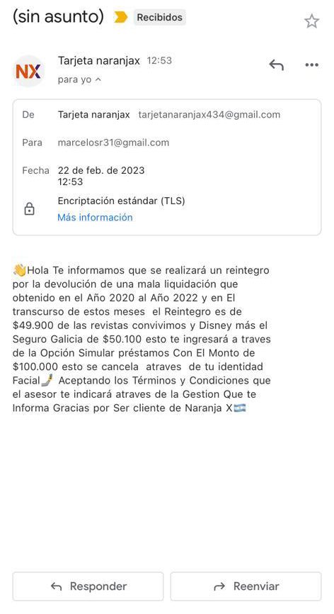 ⚠️ALERTA CIBERFRAUDE⚠️

🔺Correo electrónico simulando contacto @NaranjaX bajo excusa de falso reintegro de 💲piden:

👉🏼Simules en tu App un préstamo;
👉🏼Valides tu identidad con tus datos biométricos (selfie);
👉🏼Te dejes guiar por supuesto asesor (criminal)

@QuintelaRicardo ⬇️