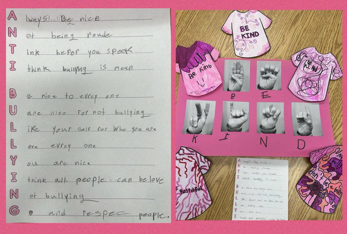 We explored the history of #PinkShirtDay and ‘I’ was inspired to include our new ASL alphabet letters for his anti-bullying poster. He took pictures of his hands to create the words “Be Kind” 💗<a href="/JAMMustangs/">McWilliam Mustangs</a>