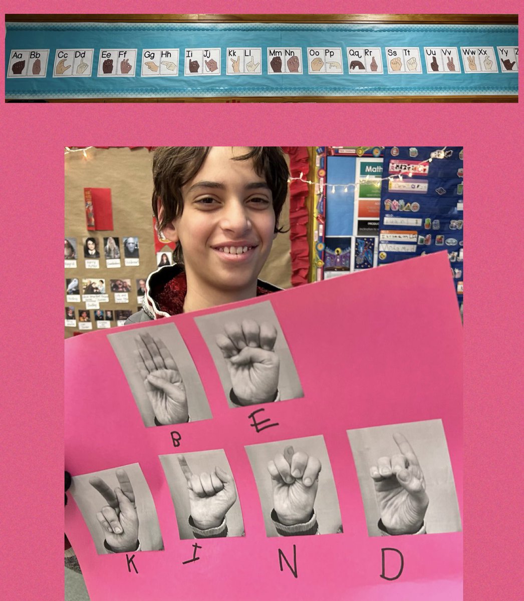 Mrs_Metler's tweet photo. We explored the history of #PinkShirtDay and ‘I’ was inspired to include our new ASL alphabet letters for his anti-bullying poster. He took pictures of his hands to create the words “Be Kind” 💗@JAMMustangs https://t.co/PyF45toWel