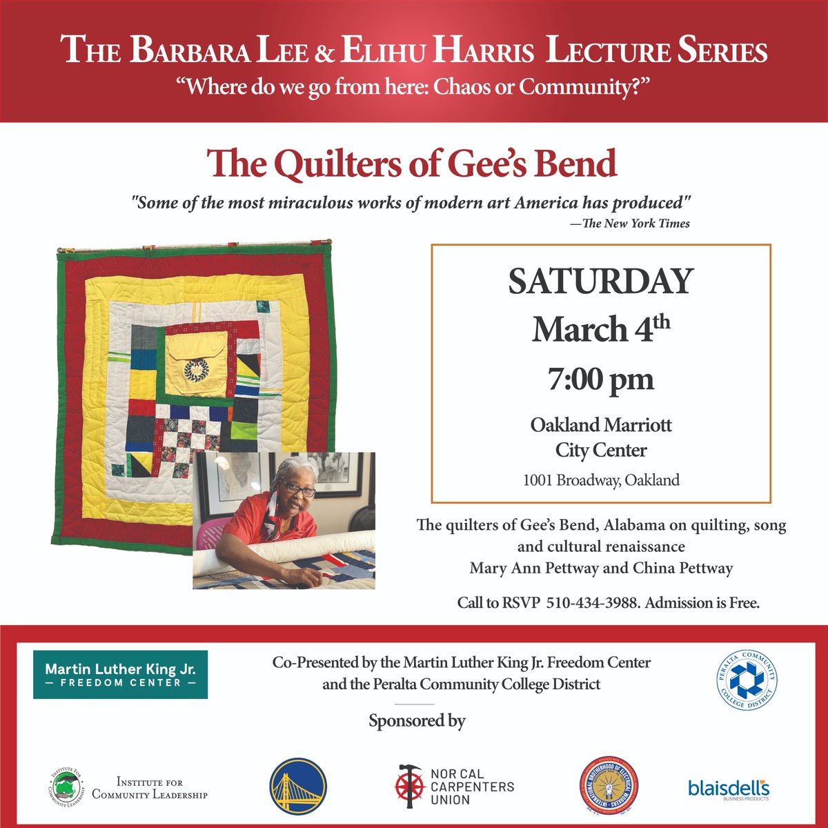 mlkfreedomctr's tweet photo. We are honored and humbled to welcome Mary Ann Pettway and China Pettway as part of the Barbara Lee and Elihu Harris Lecture Series event honoring the outstanding quilters of Gee's Bend, Alabama, on Saturday, March 4, at 7:00 p.m. PT at the Downtown Oakland Marriott. https://t.co/g17MsVrXcT