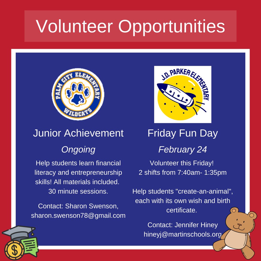 McsdVolunteers's tweet photo. Ready to volunteer? Sign up for one of these opportunities by Friday!
- Current Volunteers: Contact organizer directly.
- New Volunteers: Submit an application online and then contact ellisa1@martinschools.org for approval.
https://t.co/7jUvx1WF9P https://t.co/DKKqUd9pGT