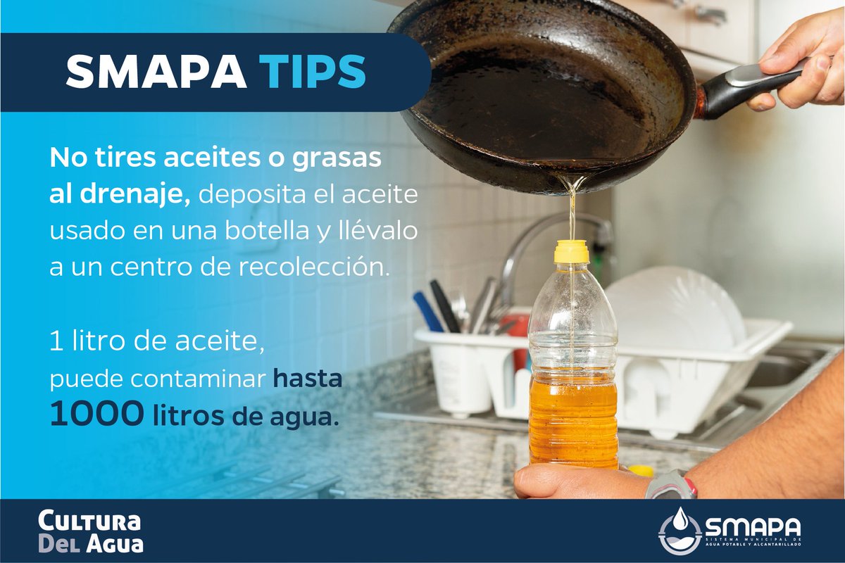 TuxtlaSMAPA's tweet photo. #CulturaDelAgua
#SMAPATips
Evita tirar aceites o grasas al drenaje, mejor deposita tu aceite usado en una botella y llévalo a un centro de acopio, ubicado en los mercados públicos de la ciudad.

¡Cuidémosla! https://t.co/BgD1YrSRMq