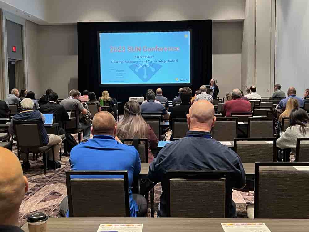 AITBusiness's tweet photo. Did you miss our presentation at #SUNConference2023?  Want to learn more about #Sureship and how @AITBusiness  can help you with your shipping process?  Request a demo today!! https://t.co/uxzrZStIWN