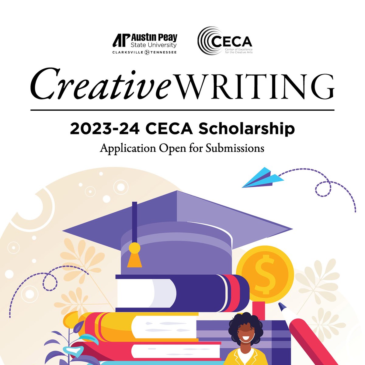 Merit-based scholarships in creative writing are provided through CECA. Awards are for $600 or $1,200 for the academic year, divided over two semesters. The 2023-2024 deadline to apply is March 17, 2023. More information: apsu.edu/langlit/schola…