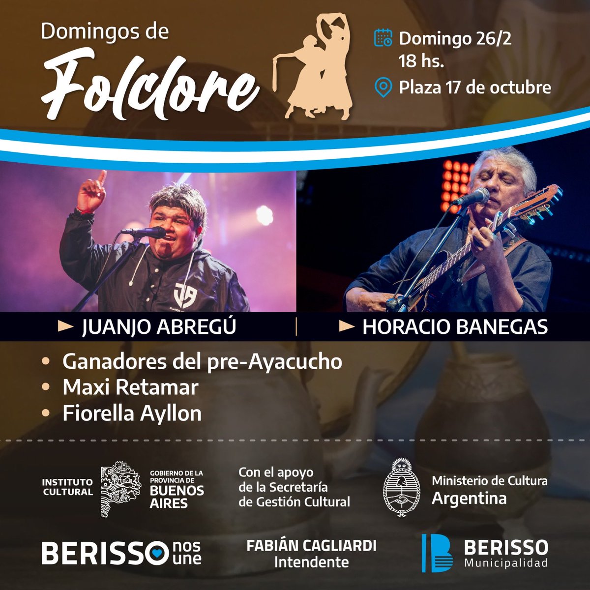 Amigos este Domingo estamos en Bs As , precisamente en Berisso por primera vez, en la Plaza 17 de octubre.🎵🎶🎸🎉💃
Estaremos allí junto a JuanJo Abregu, Ganadores del pre-Ayacucho, Maxi Retamar y Fiorella Ayllon!!!!
Los esperamos con nuestra música!
Entrada libre y gratuita.
HB