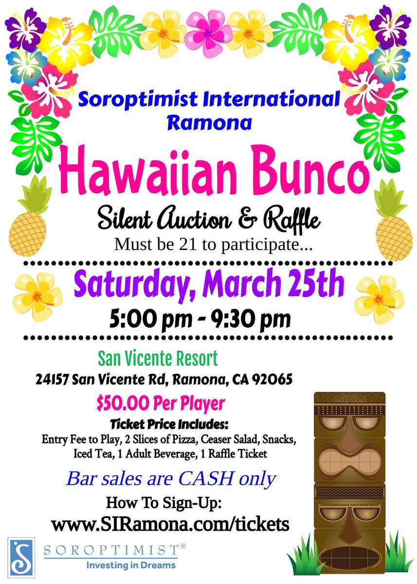 RamonaChamber's tweet photo. Help support Ramona Soroptimist with dinner &amp; fun at their Hawaiian Bunco event! 🌺🎲🍕
Purchase tickets at the link in comments then head to San Vicente Resort on Saturday, March 25th! https://t.co/NdOMoOmPIg