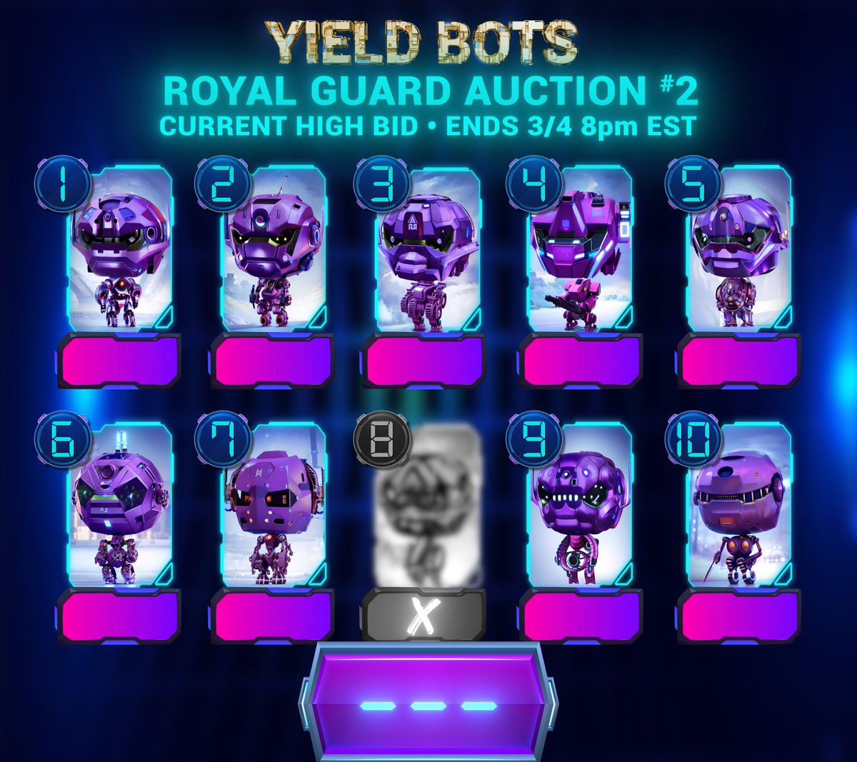 🚨 YieldBot Auction live 🚨 

1 of the 10 Royal Guards to the YieldBot project is up for auction!

Some Royal Guard Perks
- Lead project direction 
- when project supply is capped, RoyalGuards get 10% of supply
- Help from founder in anything web3 that you’re privately pursuing