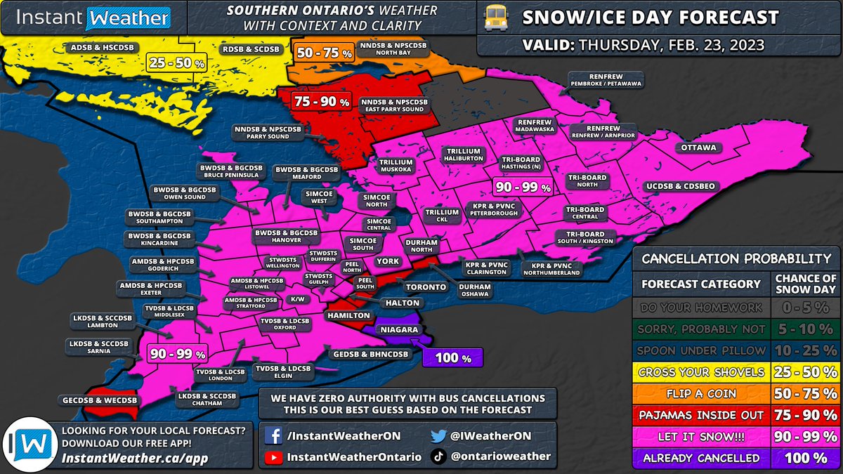 IWeatherON's tweet image. #ONStorm #ONwx Here is your 'Snow/Ice Day' (School Bus Cancellation) Forecast for Thursday, February 23, 2023.

Click here to view the forecast: instantweather.ca/snow-day