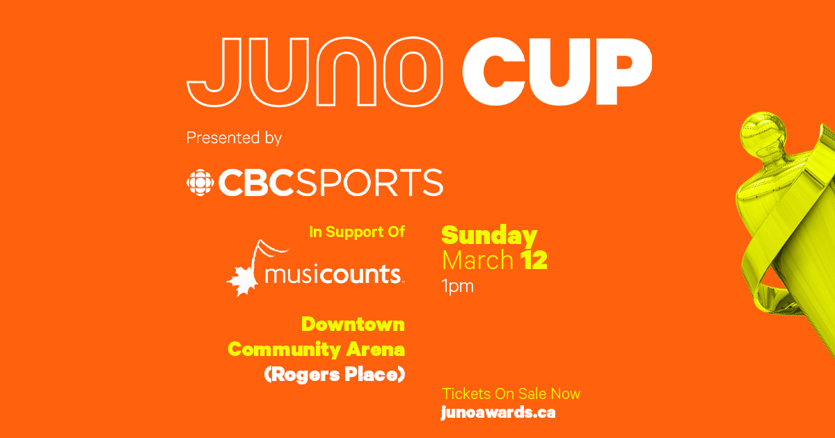 TheJUNOAwards's tweet image. Get TWO tickets for the price of ONE when using promo code 2FOR1 and see musicians &amp;amp; professional athletes play against each other at the JUNO Cup Presented by @CBCSports, in support of @MusiCounts. Sunday, March 12th. 

junoawards.ca/events