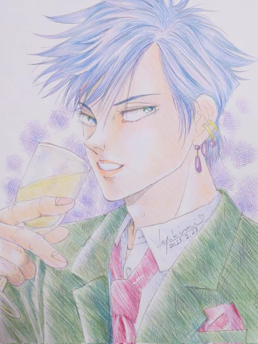 おはようですそっと絵を置いておきます\(^o^)/23歳くらいの恵ちゃんピアスじゃないよ、イヤカフとイヤフック(* 'ᵕ' )ダヨッ! #呪術廻戦ファンアート  #伏黒恵 #色鉛筆イラスト 