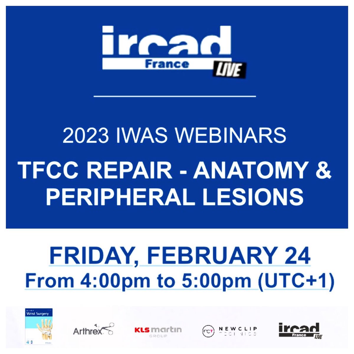 drpedrojdelgado's tweet photo. 2023 IWAS Webminars: TFCC repair: Anatomy & peripheral lesions. Donโt miss out on the opportunity to enhance your skills and surgical capabilities!
Next FRIDAY, FEBRUARY 24 - From 4:00pm to 5:00pm (UTC+1)
#wristarthroscopy #iwas #tfcctear #tfccrepair @IWAS_Wrist @IrcadFrance https://t.co/aPS37Kn1Al