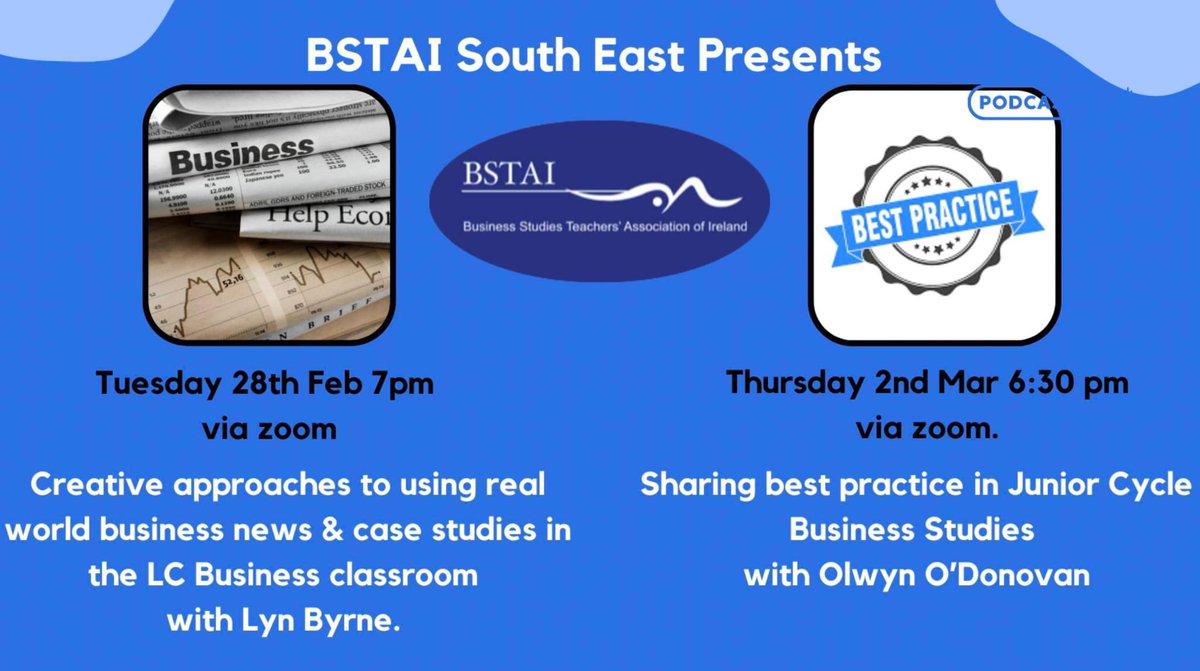 The BSTAI South East branch are hosting two events next week 🗓️  

See below for details of each session 👇

Please email southeast@bstai.ie for Zoom links for each session, indicating which session you would like to attend.

#JCBusiness #LCBusiness