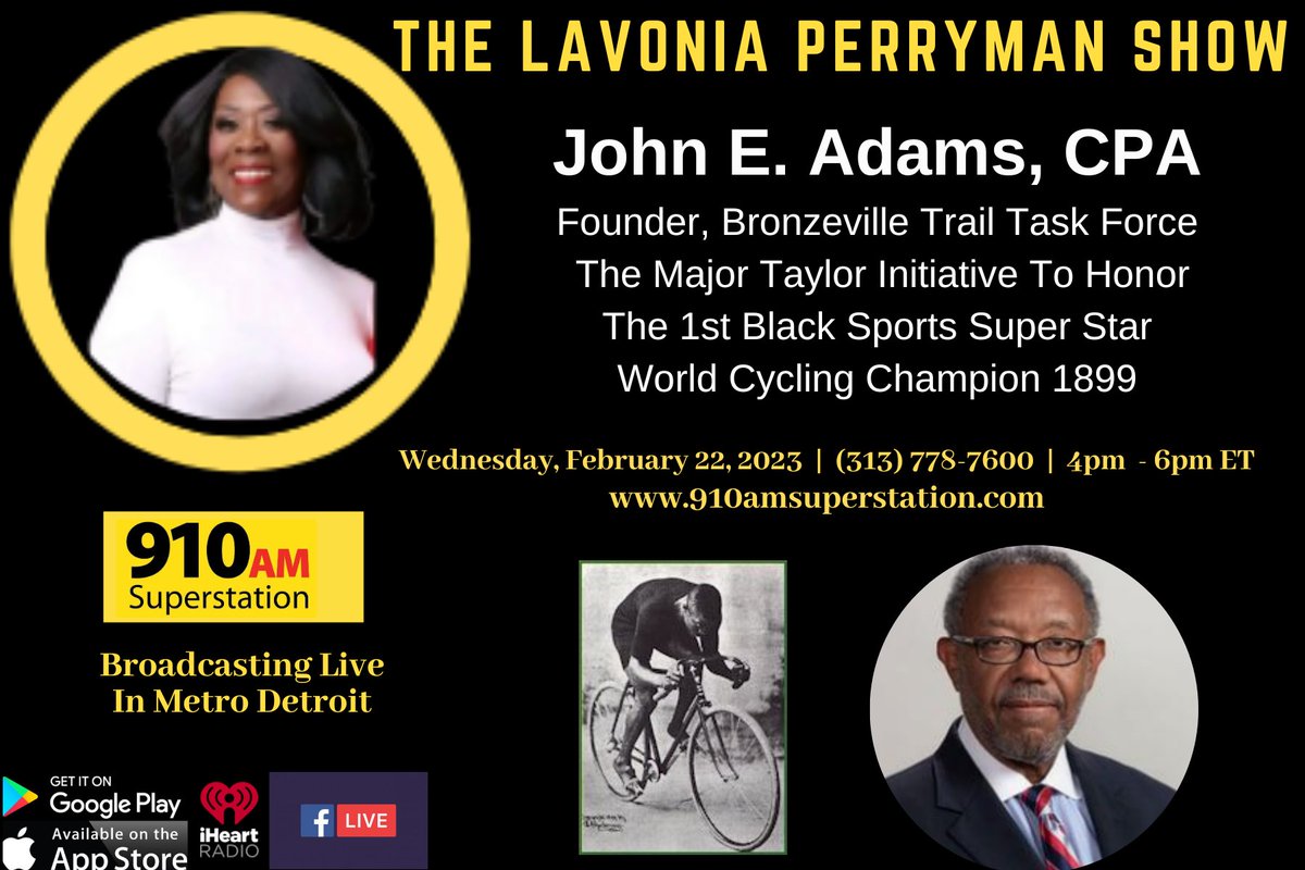 lavoniaperryman's tweet photo. Join the conversation today as I discuss with John E. Adams, CPA, Founder, Bronzeville Trail Task Force the Major Taylor Initiative To Honor the 1st Black Sports Super Star World Cycling Champion 1899.

313.778.7600 https://t.co/26oKmxTutW
