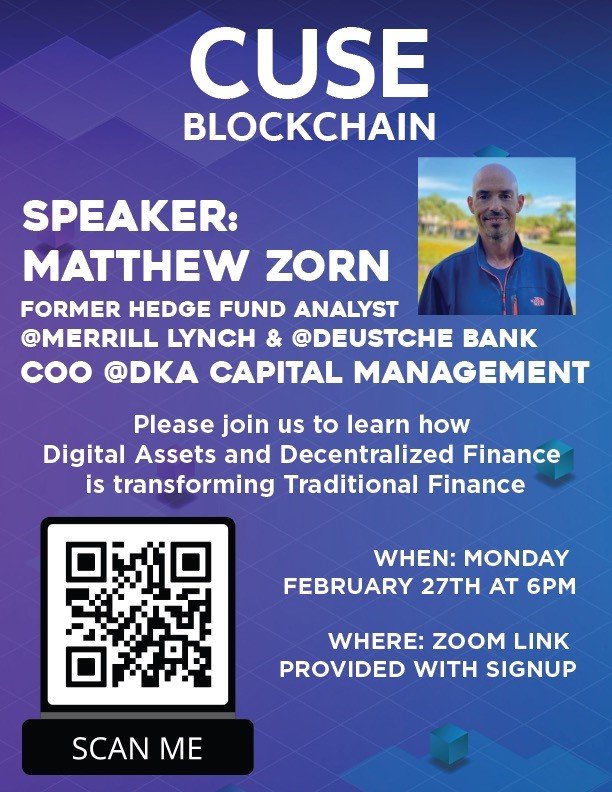 cuseblockchain's tweet image. Next Monday at 6pm we will be having our first speaker of the semester: Matthew Zorn. He will be discussing his experience and how decentralized finance is transforming the traditional finance space.

Anyone is welcome to attend! Please sign up: docs.google.com/forms/d/e/1FAI…