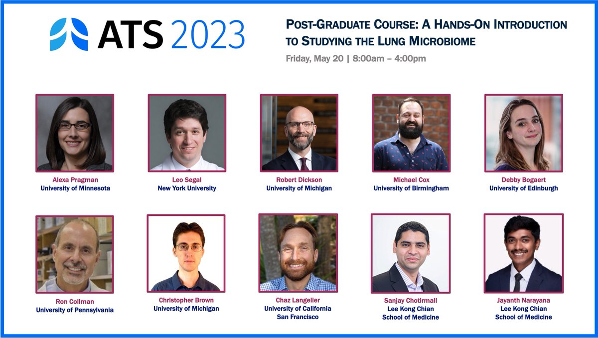 Register now!

May 20, 2023, Washington, DC: "A Hands-On Introduction to Studying the Lung Microbiome"

This well-reviewed one-day course will be part of the American Thoracic Society International Conference. All-star instructors!

conference.thoracic.org/program/