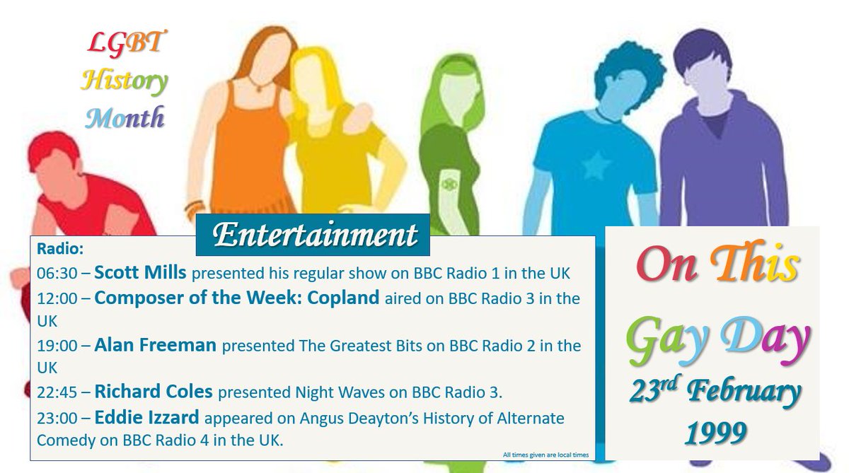 #LGBTHistoryMonth
#OnThisGayDay - 23rd February 1999
#ScottMills #AaronCopland #AlanFreeman #RichardColes #EddieIzzard #HeatherPeace #SandiToksvig #DaleWinton #HFromSteps #JulieBurchill #WillAndGrace #QueerasFolk #LGBTHistory #LGBTStories #QueerHistory #QueerStories #LGBT #LGBTQ