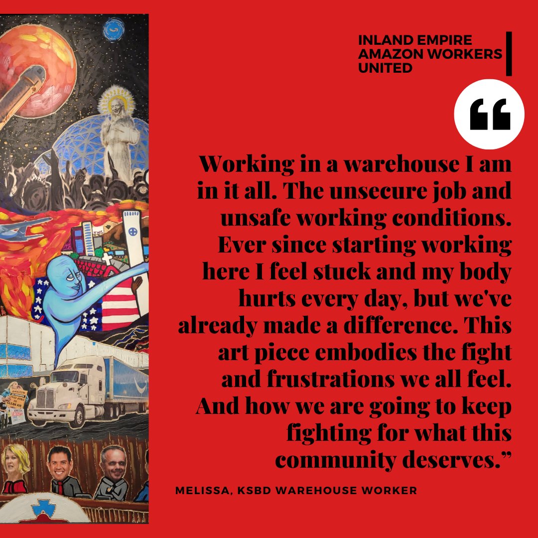 ieamazonworkers's tweet image. The mural “Eastgate” by @holyisthecat has captured the history &amp;amp; fight for safe jobs &amp;amp; living wages of the KSBD Amazon warehouse. It also has meant a lot to the workers &amp;amp; community of the Inland Empire. Read what “Eastgate” meant to Cesar and Melissa
#AmazonHurts #IEAmazonWorkers