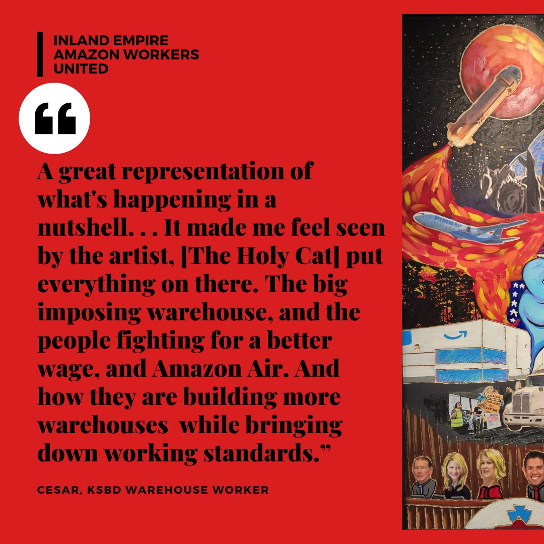 ieamazonworkers's tweet image. The mural “Eastgate” by @holyisthecat has captured the history &amp;amp; fight for safe jobs &amp;amp; living wages of the KSBD Amazon warehouse. It also has meant a lot to the workers &amp;amp; community of the Inland Empire. Read what “Eastgate” meant to Cesar and Melissa
#AmazonHurts #IEAmazonWorkers