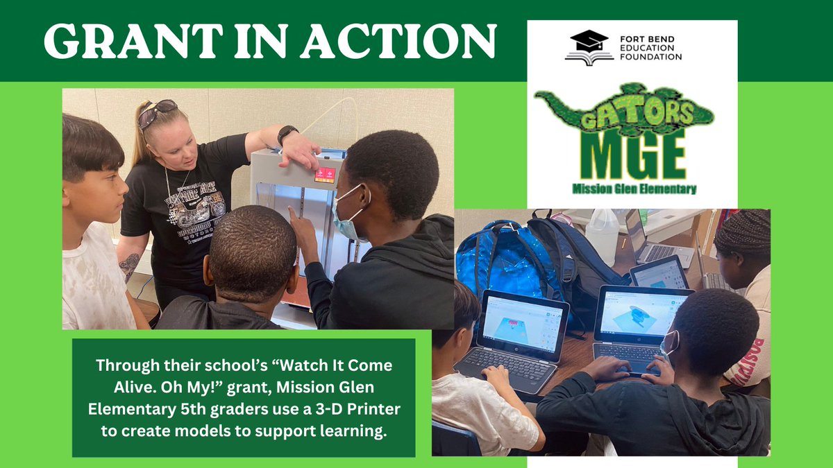 Students <a href="/MGE_Gators/">Mission Glen Elementary</a> use their creative skills to design objects to support learning in content areas. Teacher Tanea Booker received $1,998 to fund her grant, “Watch It Come Alive. Oh My!” She purchased a 3D printer that students use to create models &amp; visuals. #FbefGrantInAction