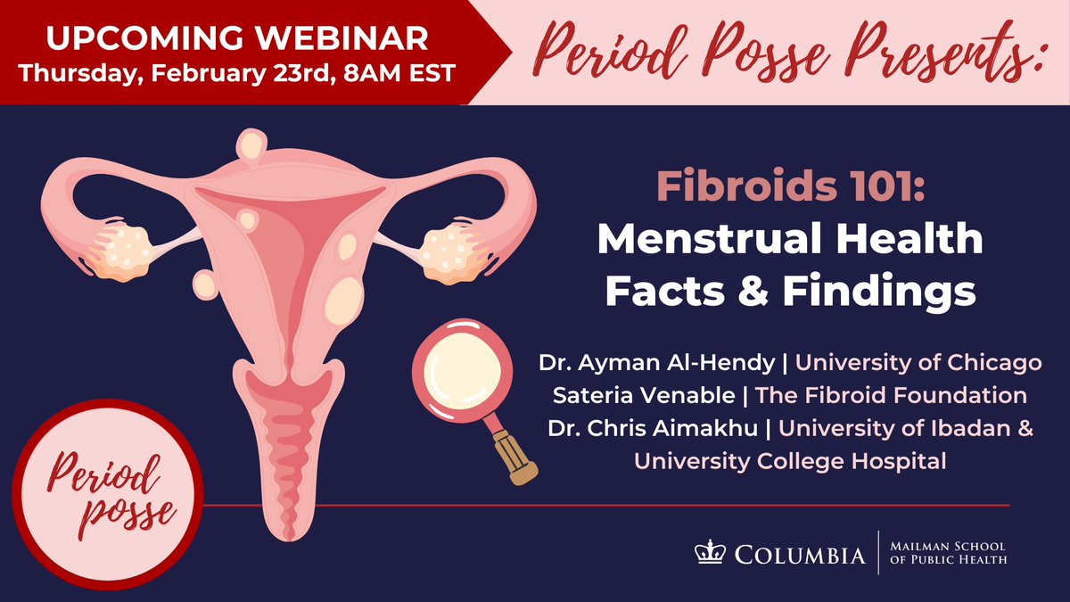 ⏰ Starting soon! Tune in to our #PeriodPossePresents webinar @ 8 am ET. We'll be joined by panelists <a href="/aymanalhendy/">Ayman Al-hendy</a>, Sateria Venable (<a href="/FibroidFoun/">Fibroid Foundation</a>) &amp; Chris Aimakhu (<a href="/UniIbadan/">University of Ibadan</a>) to discuss issues related to #fibroids &amp; #menstrual health. 🌎🌍 Join us here: bit.ly/PPPFeb23rd