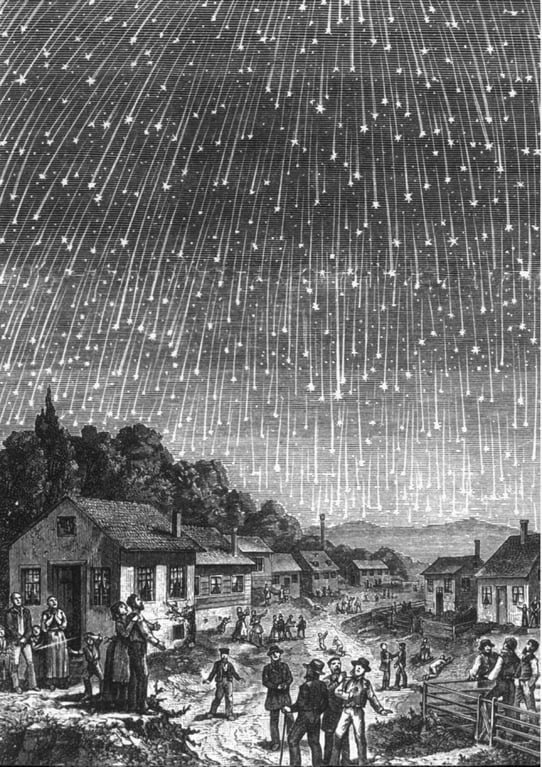 konstructivizm's tweet image. On November 12, 1833, there was a meteor shower so intense that it was possible to see up to 100,000 meteors crossing the sky every hour. At the time, many thought it was the end of the world, so much so that it inspired this woodcut by Adolf Vollmy.