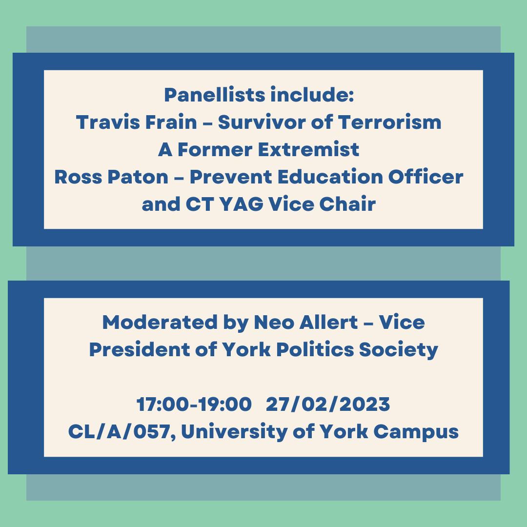YorkPolSoc's tweet photo. Join us for a panel discussion on counterterrorism next week Monday at 5 pm in CL/A/057. We have invited three speakers to shed light on the broader topics of terrorism and counterterrorism. https://t.co/DwToWdqXrt