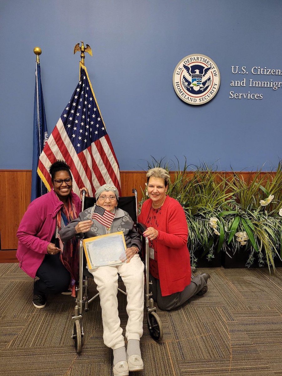 USCIS's tweet photo. We were honored to meet two special people in our Tampa office recently. 102-year-old Maria and 98-year-old Aida, both from Cuba, became #NewUSCitizens, proving you're never too old to start a new chapter and become an American! A big congrats to these women! https://t.co/4yrjGJuov4