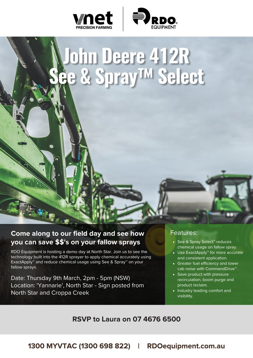 richardweston_1's tweet photo. If you are in SE QLD or Northern NSW here is your chance to come and see the @JohnDeere See and Spray Select in action and see how it can save you $$'s on your fallow weed control @RDOequipmentAU @VnetPrecisionAg https://t.co/Am8gbWol9s