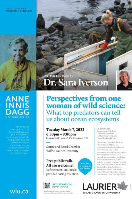 Join Dr. Sara Iverson from @DalScience and @OceanTracking as the next speaker in the #LaurierBiology Anne Innis Dagg Lecture Series Mar 7 at 7PM. All Welcome! Register for in-person or online by March 3rd! secureca.imodules.com/s/1681/giving/…