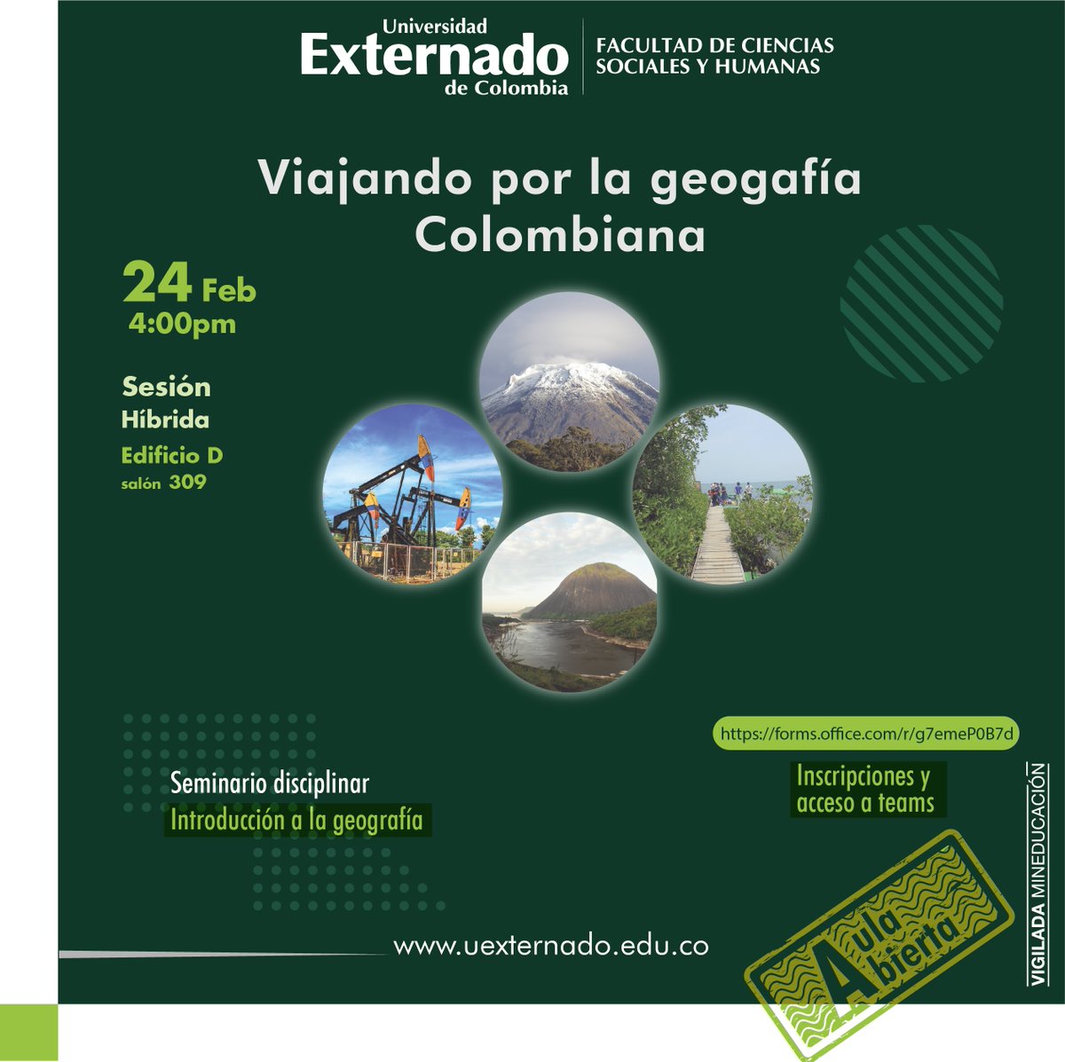 UExternadoFCSH's tweet photo. Aula Abierta  Viajando por la geografía colombiana. Próximo 24 de febrero en el D309, a las 4:00 pm @GExternado 
https://t.co/MMpSTQ6bTy #FCSHEXT https://t.co/OkW9lgHgne