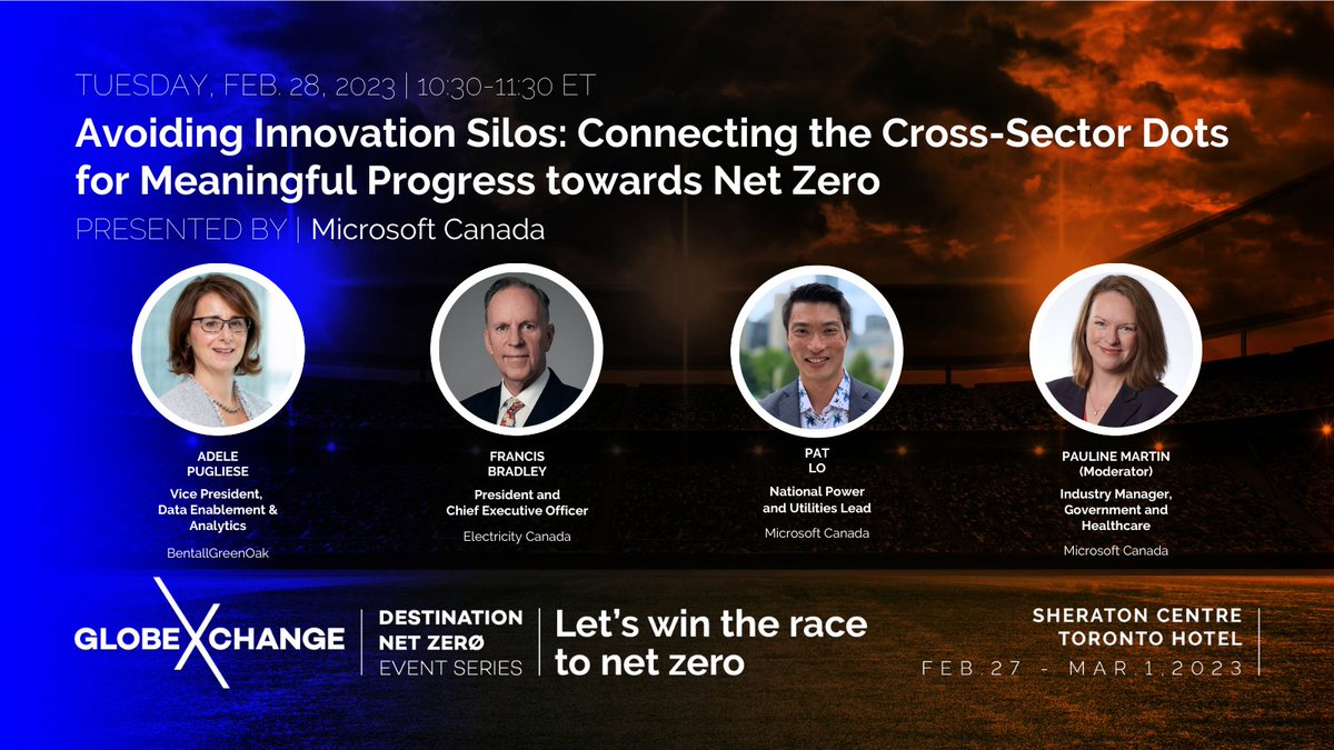 Join @microsoftcanada's Pat Lo &amp; Pauline Martin at #GLOBExCHANGE for an engaging conversation about how public &amp; private sectors must collaborate to achieve #NetZero, with leaders including Adele Pugliese <a href="/BentallGreenOak/">BentallGreenOak</a> &amp; Francis Bradley <a href="/Electricity_CA/">Electricity Canada</a>: bit.ly/3ILXiuv