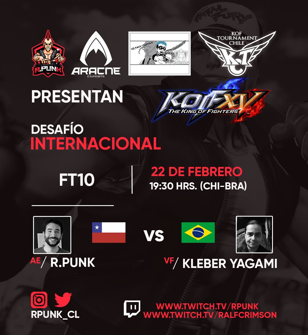 RPunK (@rpunk_cl) on Twitter photo #KOF15 . R.PunK vs Kleber Yagami (Bra) 19:30 hrs (chi)
FTs + Ranked Matchs. Camino doloroso #77
twitch.tv/rpunk
twitch.tv/rpunk
twitch.tv/rpunk
<a href="/AracneGG/">Aracne Esports 🕷</a> <a href="/koftchile1/">KOF TOURNAMENT CHILE</a> @blackteamesp <a href="/HDGTeam_/">HadoukenDojoGamer</a> <a href="/KaneBlueriverCL/">Kane Blueriver @ 🇯🇵</a> <a href="/Teamnemesis8/">Teamnemesis</a> <a href="/fgcsaopaulo/">Fighting Games Club</a> <a href="/trixsamaCL/">Trix_sama - 🎙️🎮🕹️</a> #KOF15 . R.PunK vs Kleber Yagami (Bra) 19:30 hrs (chi)
FTs + Ranked Matchs. Camino doloroso #77
twitch.tv/rpunk
twitch.tv/rpunk
twitch.tv/rpunk
<a href="/AracneGG/">Aracne Esports 🕷</a> <a href="/koftchile1/">KOF TOURNAMENT CHILE</a> @blackteamesp <a href="/HDGTeam_/">HadoukenDojoGamer</a> <a href="/KaneBlueriverCL/">Kane Blueriver @ 🇯🇵</a> <a href="/Teamnemesis8/">Teamnemesis</a> <a href="/fgcsaopaulo/">Fighting Games Club</a> <a href="/trixsamaCL/">Trix_sama - 🎙️🎮🕹️</a>