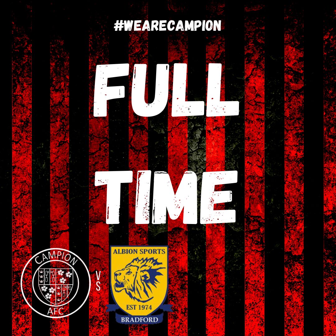 CampionAFC's tweet photo. 𝗙𝗨𝗟𝗟 𝗧𝗜𝗠𝗘 | ⏹️

@CampionAFC are into the @WestRidingFA County Cup final thanks to goals from Nicky Boshell, Marcus Day and Aidan Kirby! 

@CampionAFC 🔴⚫️ 3-1 🟡🔵 @AlbionSportsAFC https://t.co/rWUgrpgJnx