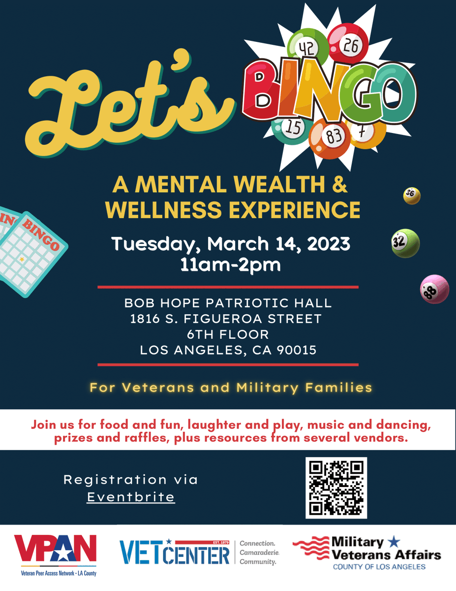 LACMVA's tweet photo. Let's BINGO: A Mental Wealth &amp; Wellness Experience on Tuesday, March 14th, 2023 from 11am - 2pm at Bob Hope Patriotic Hall.

Registration: https://t.co/eQtGJORQX3 https://t.co/LHuQEuX92F