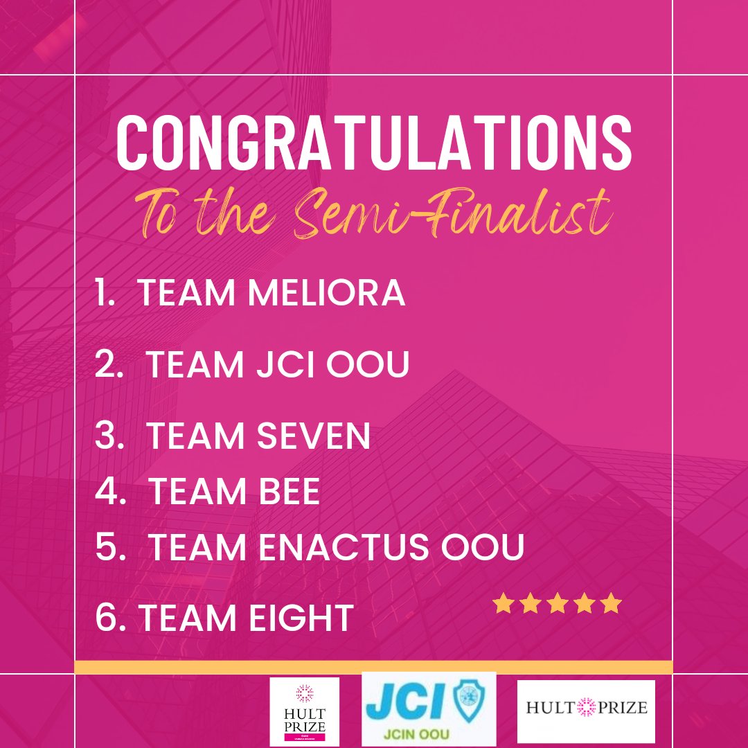 HultPrizeOOU's tweet photo. Congratulations to Our Semi-finalists

Team MELIORA
Team Enactus OOU
Team Seven
Team Eight 
Team Bee
Team JCI OOU

Follow us for more information 😁

Website:https://t.co/0CqN6hvl3c

Facebook: https://t.co/FTymnTGGbZ

Twitter: https://t.co/9G3Kh9I4hu https://t.co/zImm1iwaQ8